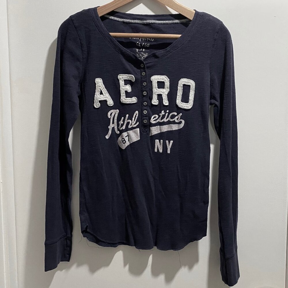 Vintage Aeropostale Preppy Academia 90s Y2K 2010s Henley Ribbed Fitted Top XL